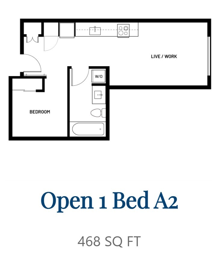 Floor plan for 1 bed, 1 bath, 468 sqft